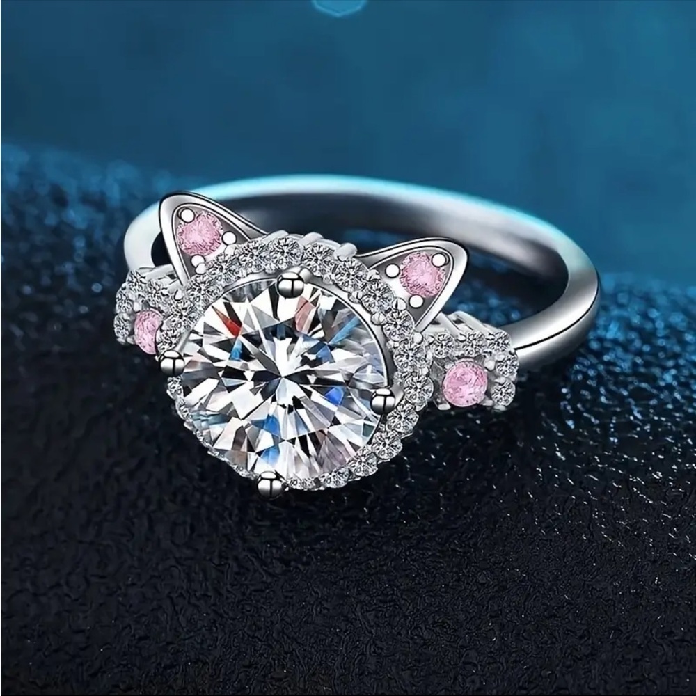 Pink Rhinestone Cat-Shaped Silver Ring - Picture 5 of 6